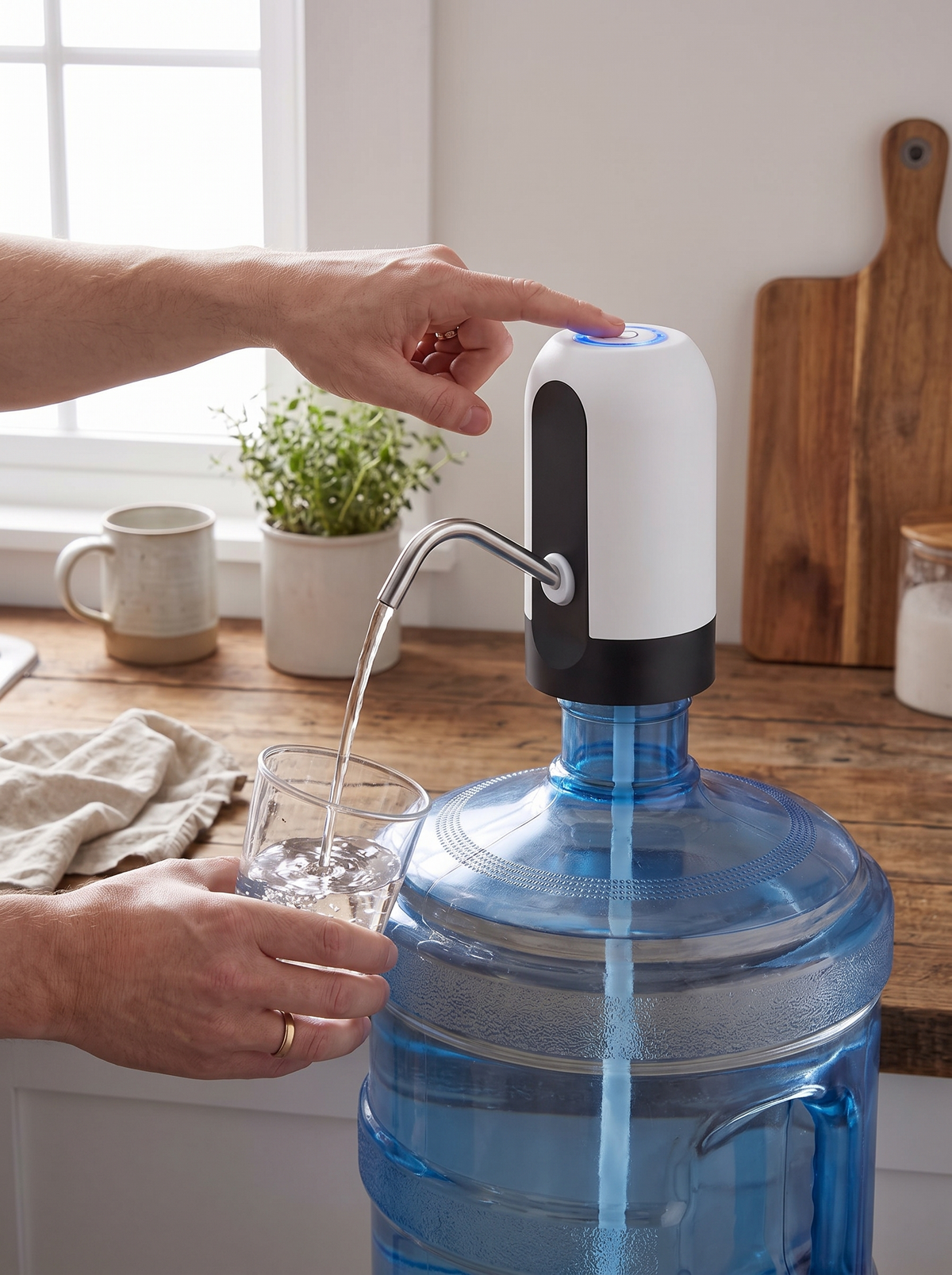 Automatic Water Bottle Pump Dispenser filling a glass