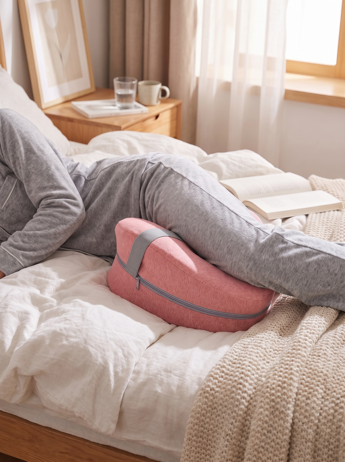 Contoured Knee Pillow on a bed for side sleepers