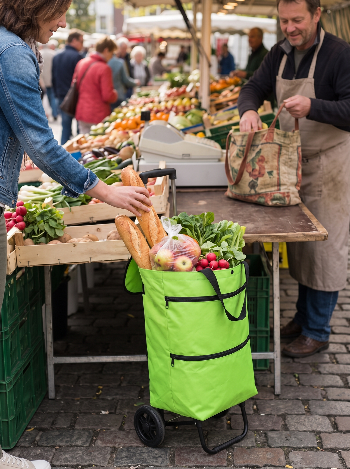 Shopping bag standing open while being loaded