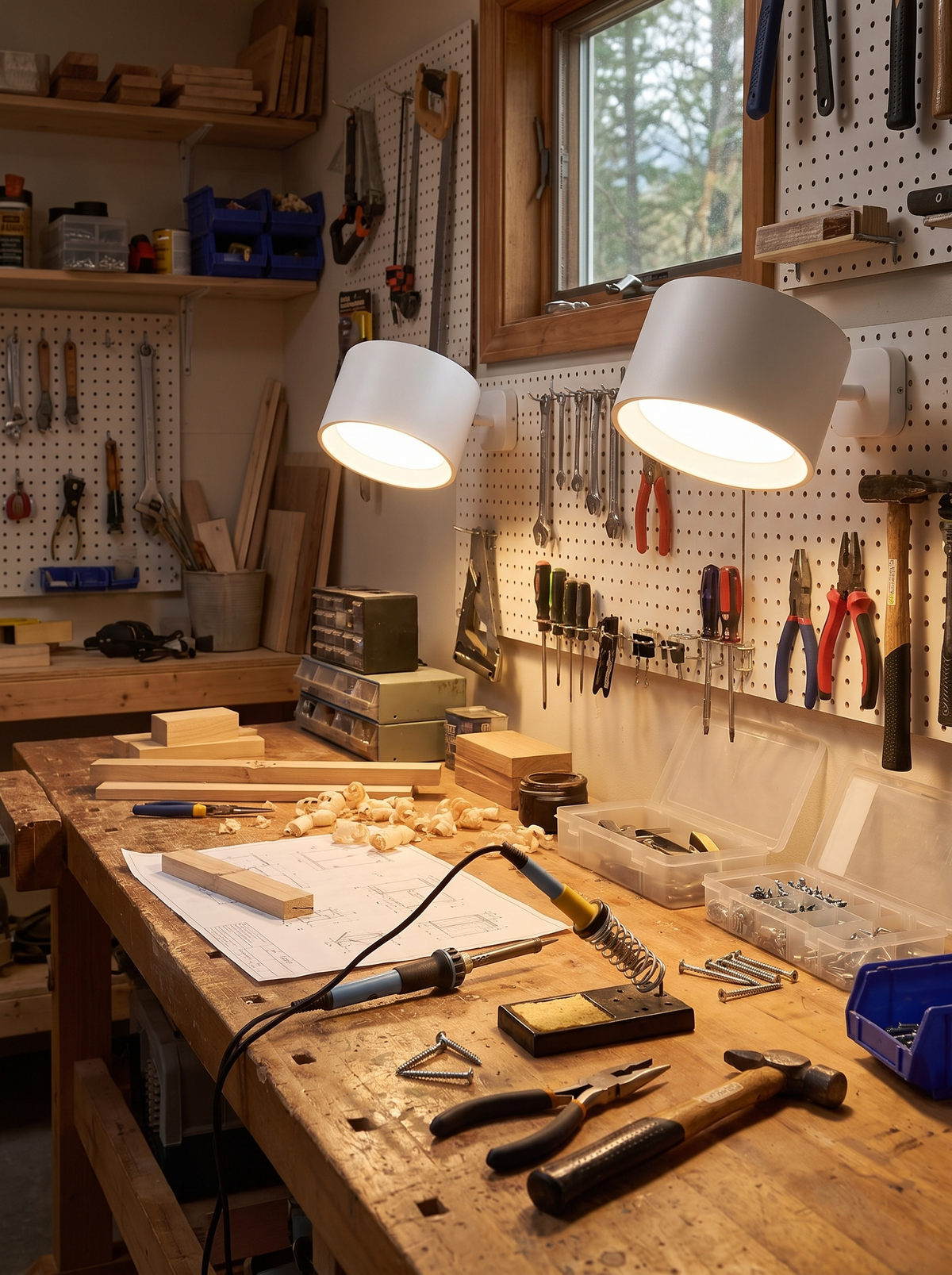 Wall light giving even warm output over a workbench