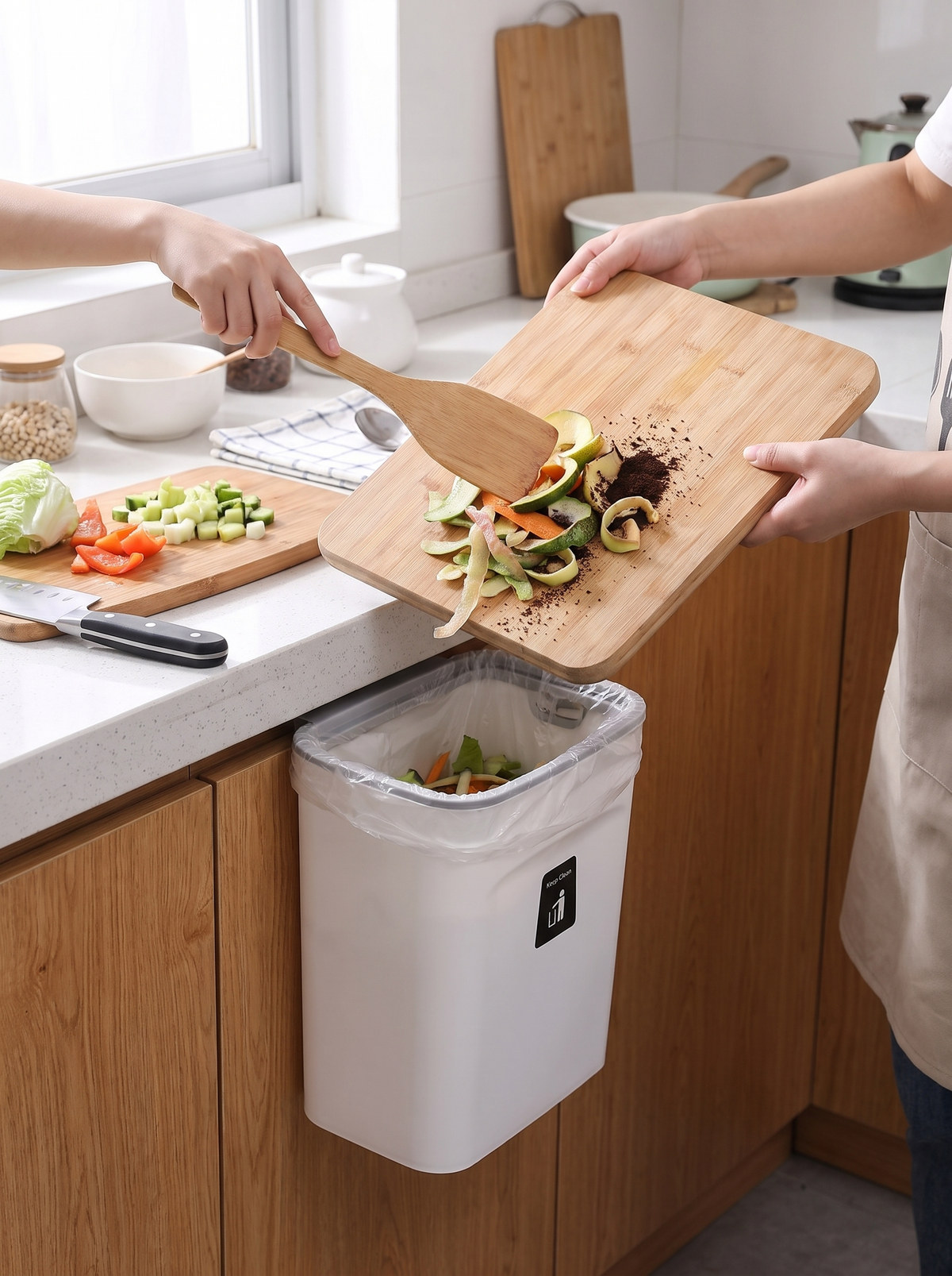 Kitchen compost bin with a sealing rolling lid