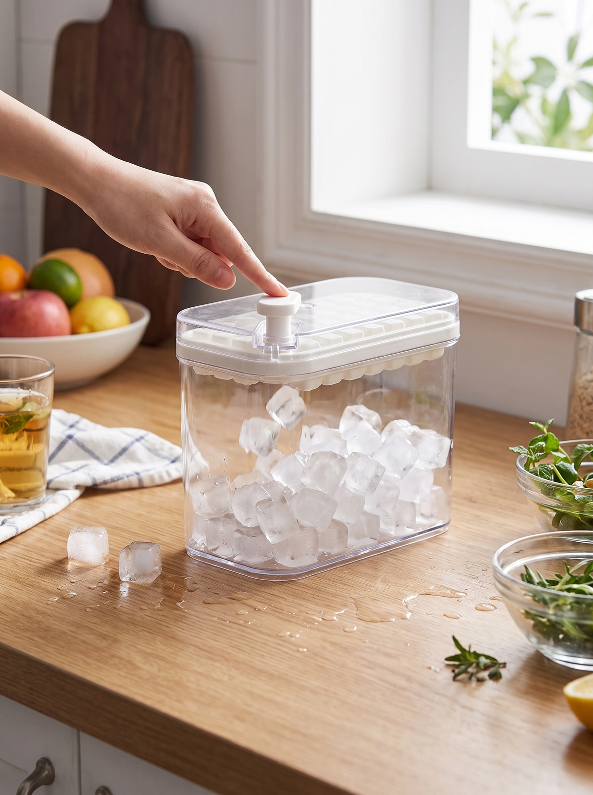 One click ice tray being pressed to release cubes