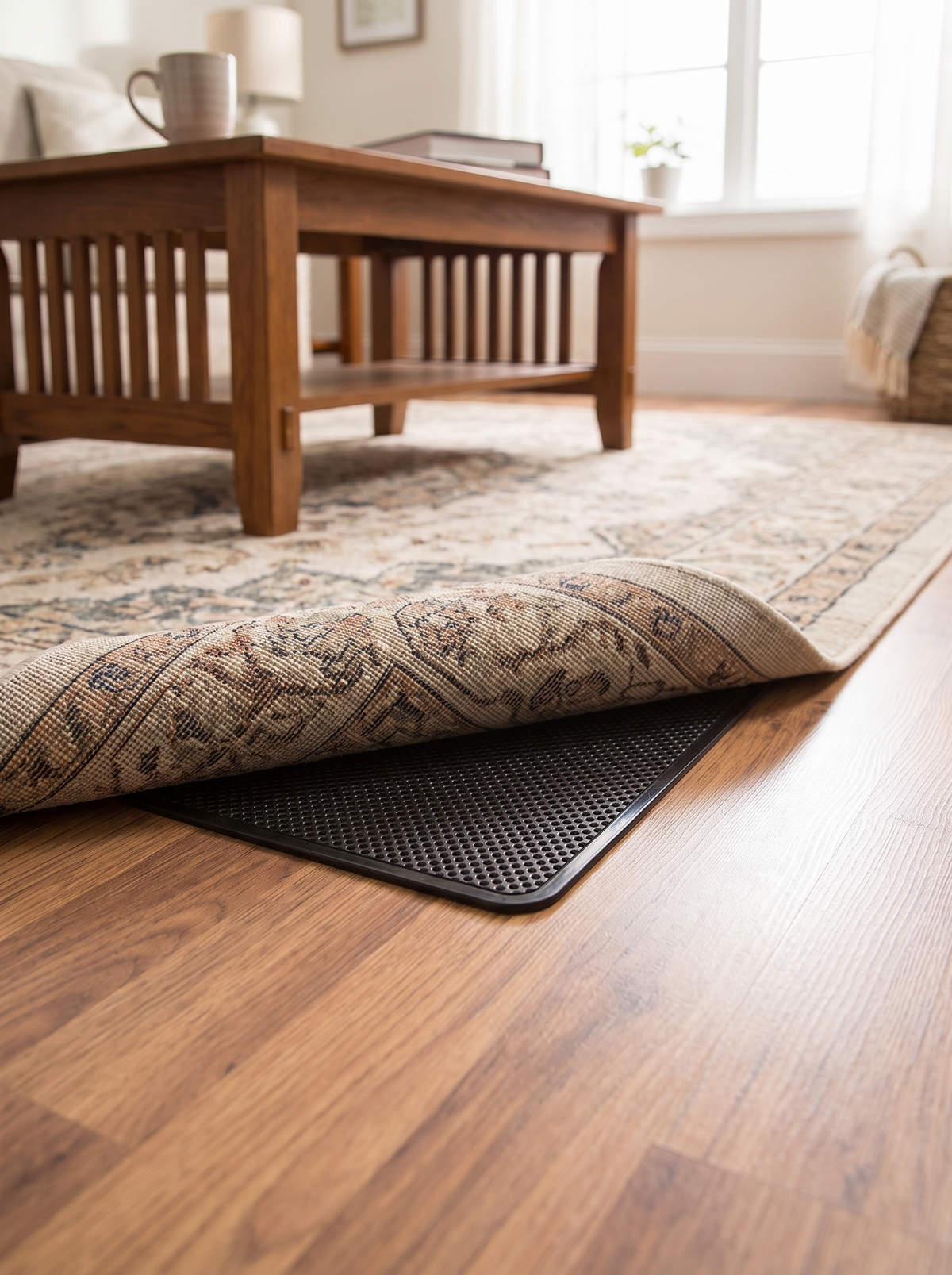 Rug corner lying flat on tile with a gripper pad