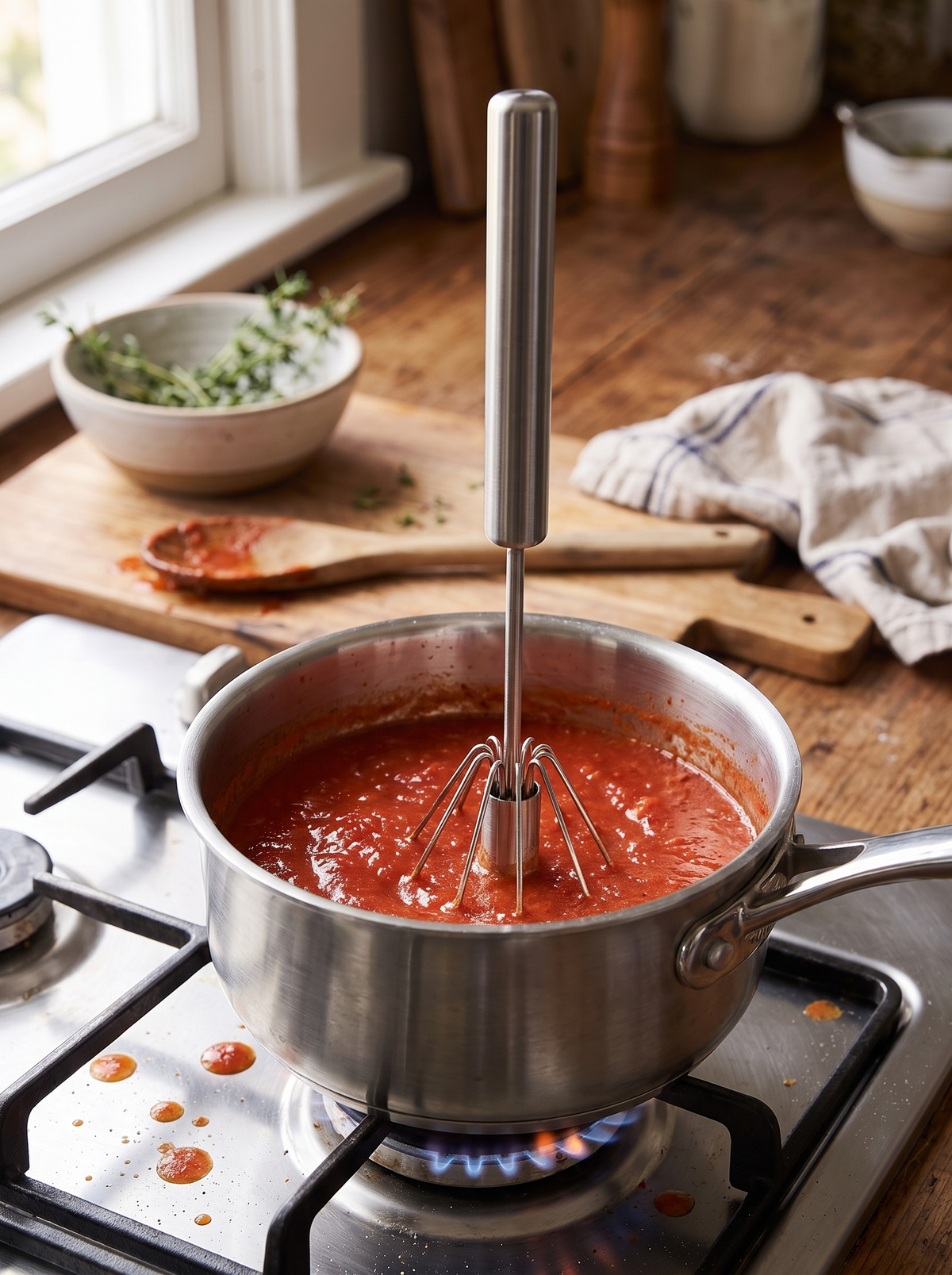 Hands free whisk stirring a sauce on the hob