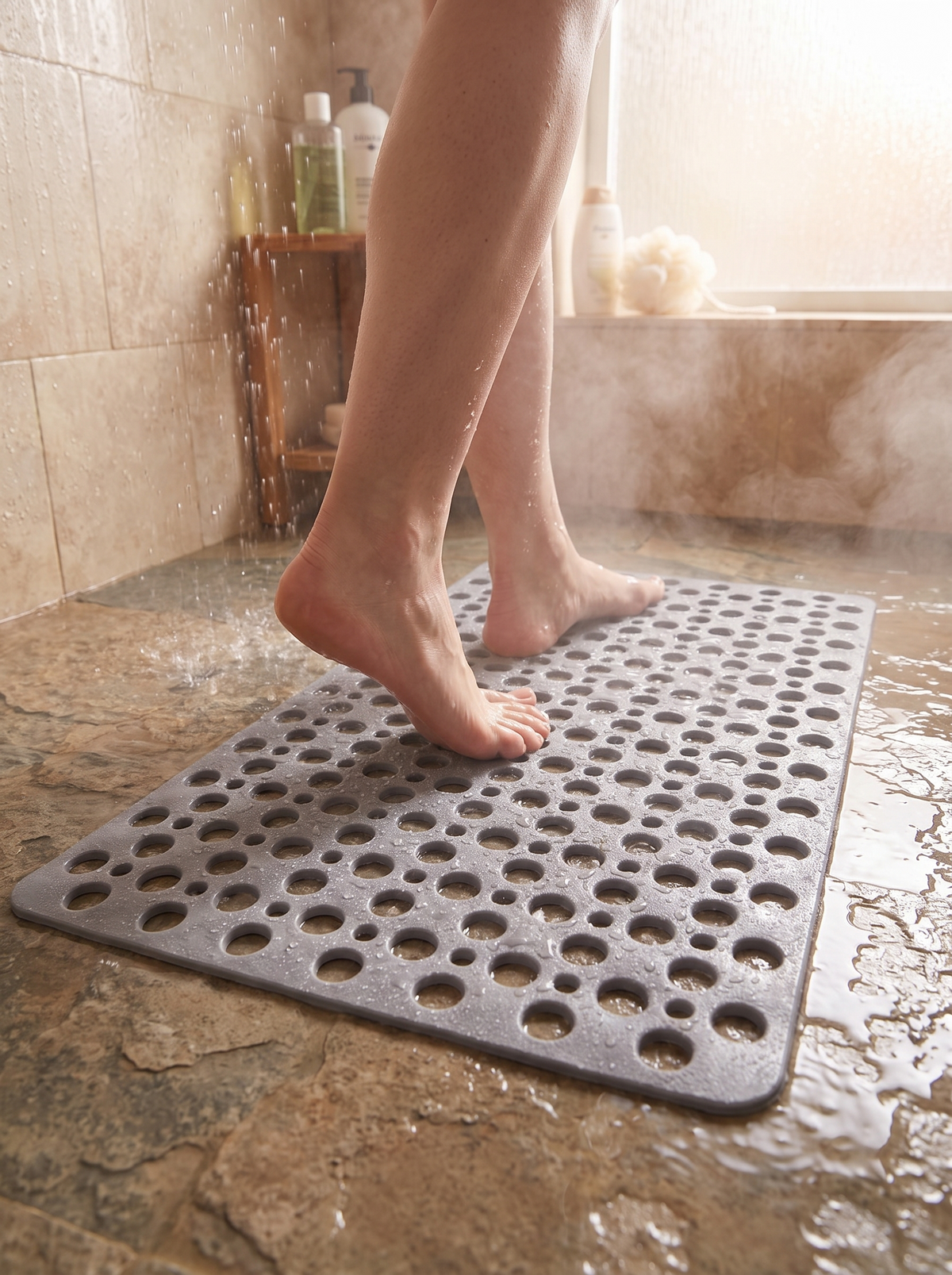 Secure shower mat laid flat on a shower floor