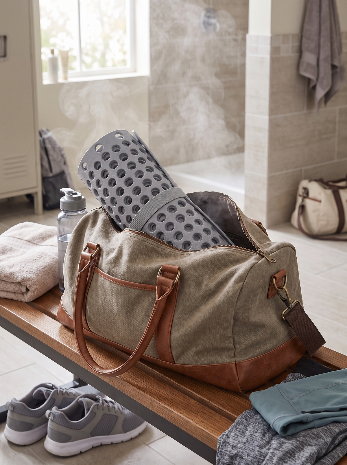 Shower mat rolled up and packed in a bag